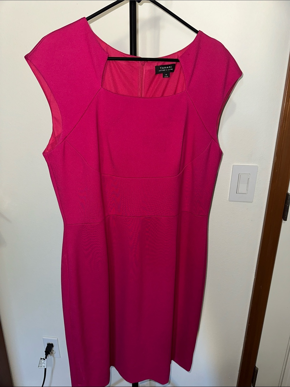 Tahari ASL Hot Pink Cap-Sleeve Midi Sheath Dress size 14